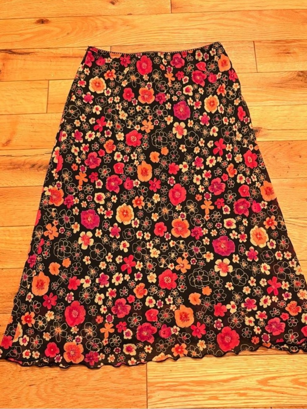 Vintage La Belle Black A-Line Midi Skirt with Pink & Orange Floral Print